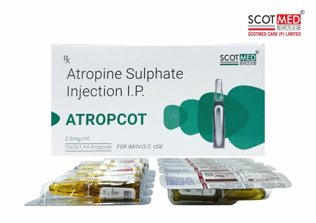 Atropine Sulphate Injection IP 0.6mg/ml ATROPCOT 1ml Ampoule by Scotmed Care | Critical Care Injection Manufacturer India