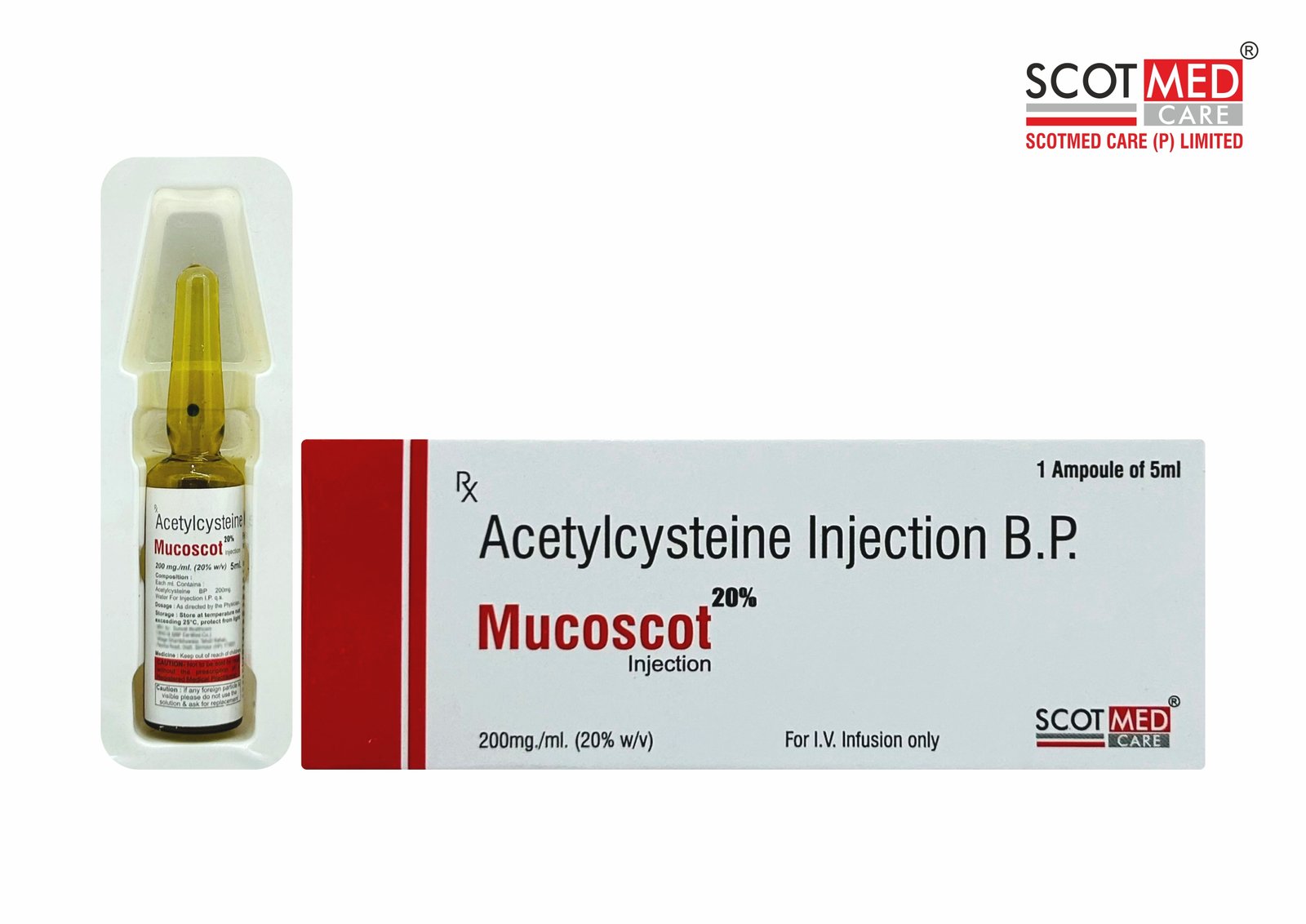 Acetylcysteine Injection B.P. 200 mg/ml 20% 5 ml Mucoscot critical care injection