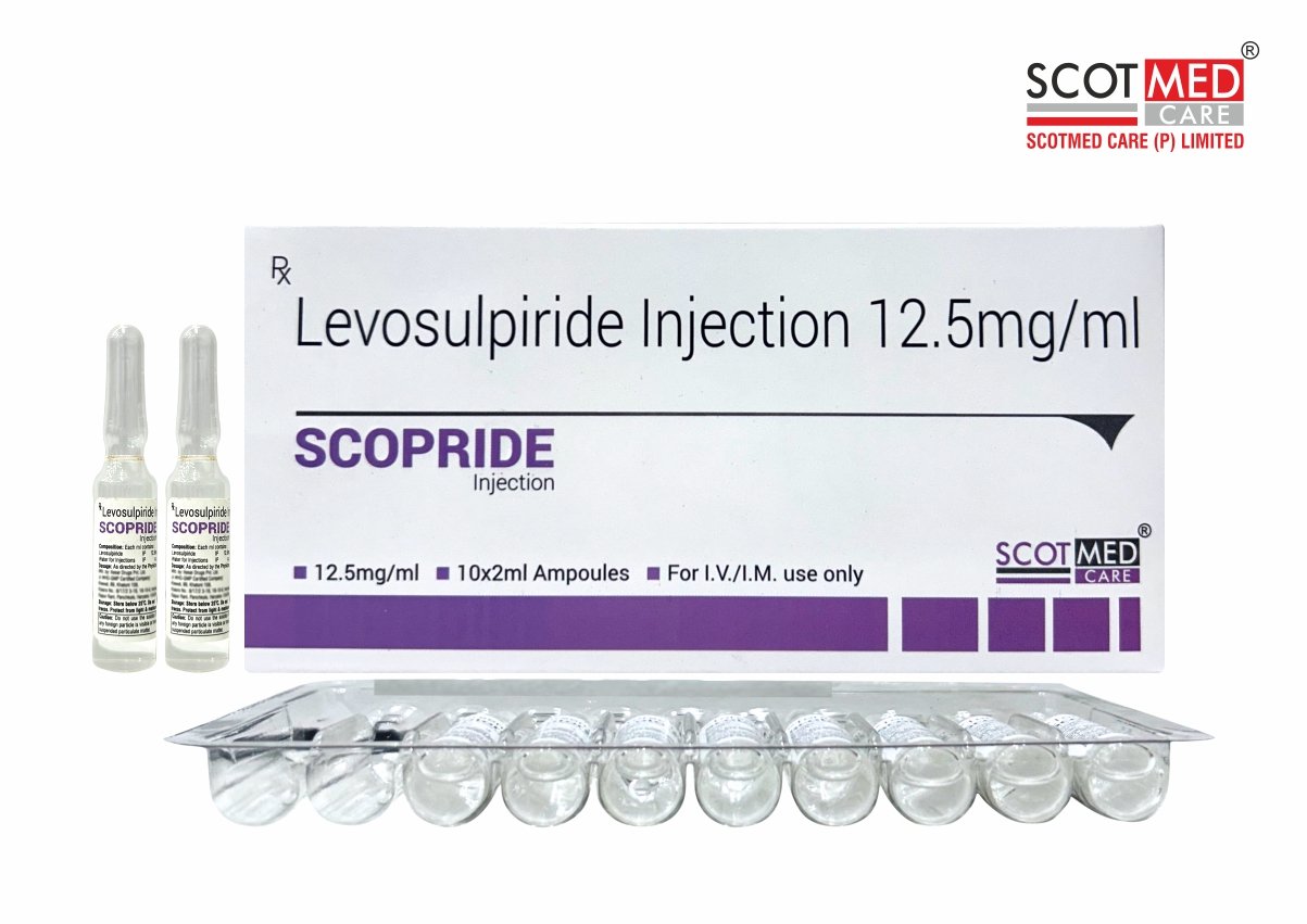 SCOPRIDE Injection (Levosulpiride Injection 12.5mg/ml) 10x2ml Ampoules manufactured by Scotmed Care – WHO-GMP Certified Critical Care Injection Company