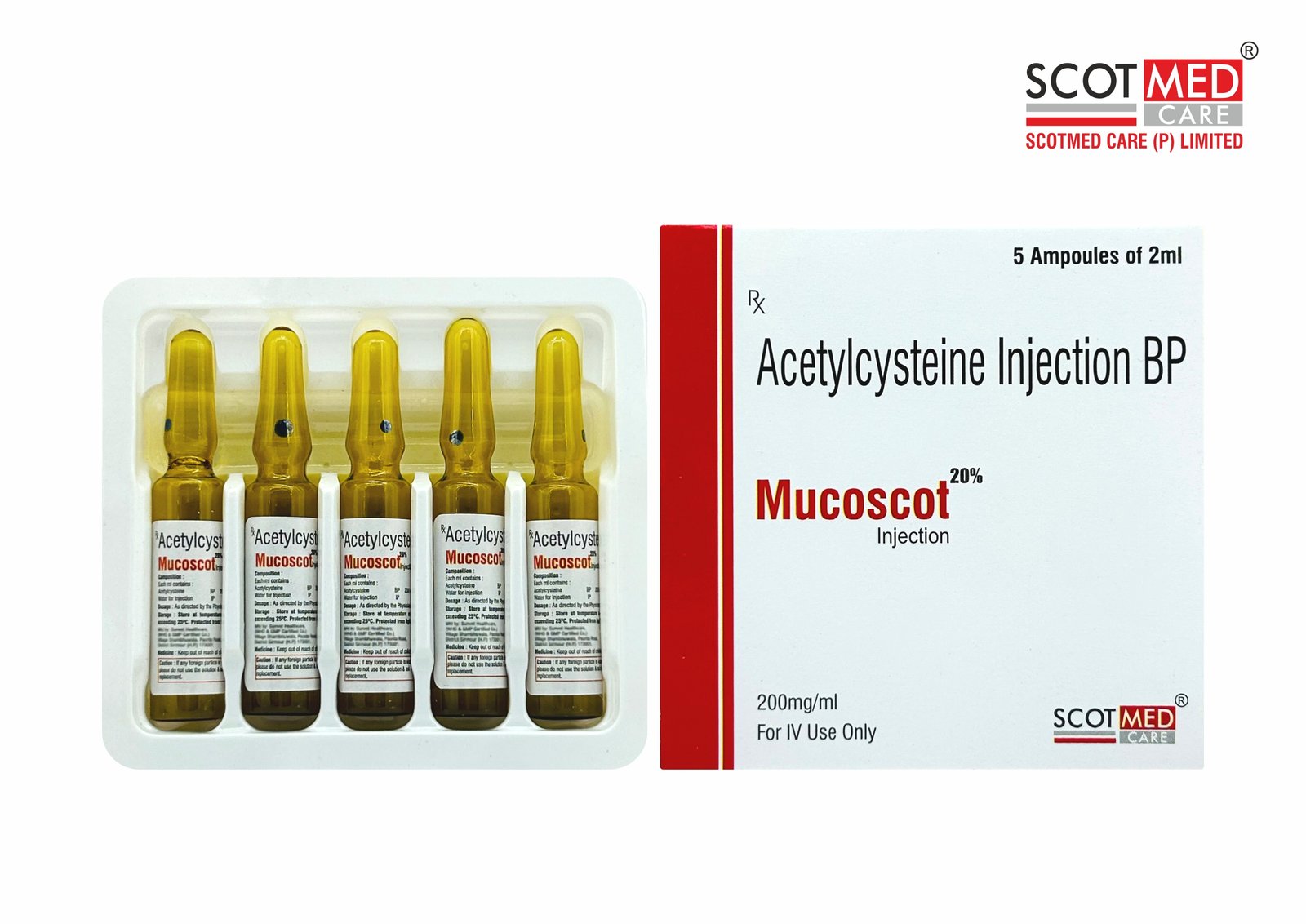 Acetylcysteine Injection BP 200 mg/ml Mucoscot 20% 2ml ampoules – Scotmed Care