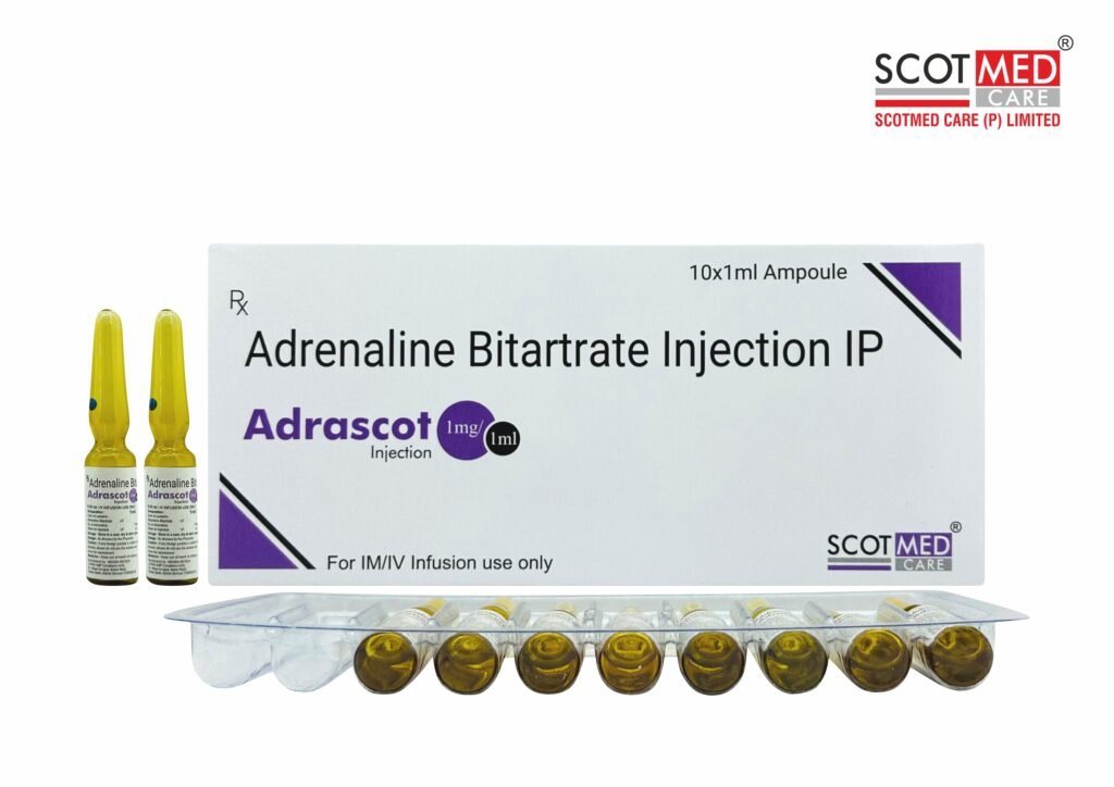 Adrenaline Bitartrate Injection IP Adrascot 1 mg 1 ml emergency critical care injection manufactured by Scotmed Care