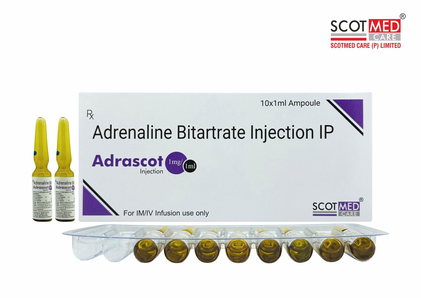 Adrenaline Bitartrate Injection IP Adrascot 1 mg 1 ml emergency critical care injection manufactured by Scotmed Care