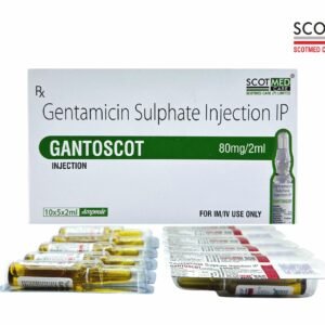 Gentamicin Sulphate Injection IP 80mg/2ml (GANTOSCOT) by Scotmed Care – Gentamicin antibiotic injection for IM/IV use in critical care and hospital infection management.