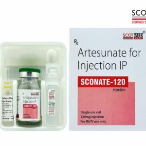 Artesunate for Injection IP 120 mg (SCONATE-120 Injection) with sodium bicarbonate and sodium chloride diluent by Scotmed Care, WHO-GMP certified critical care injection manufacturer.