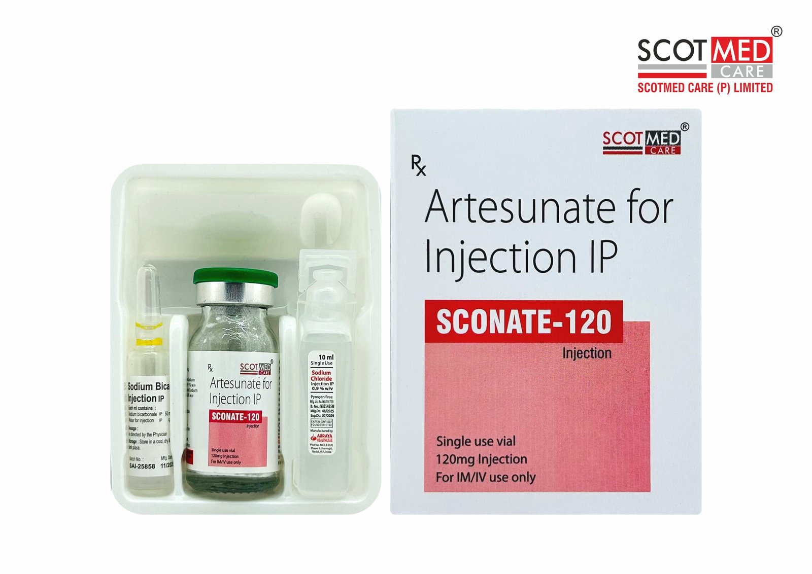 Artesunate for Injection IP 120 mg (SCONATE-120 Injection) with sodium bicarbonate and sodium chloride diluent by Scotmed Care, WHO-GMP certified critical care injection manufacturer.