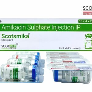 Scotsmika Amikacin Sulphate Injection IP 500mg/2ml vial by Scotmed Care – Amikacin Sulphate 500mg/2ml antibiotic injection for IM and IV use