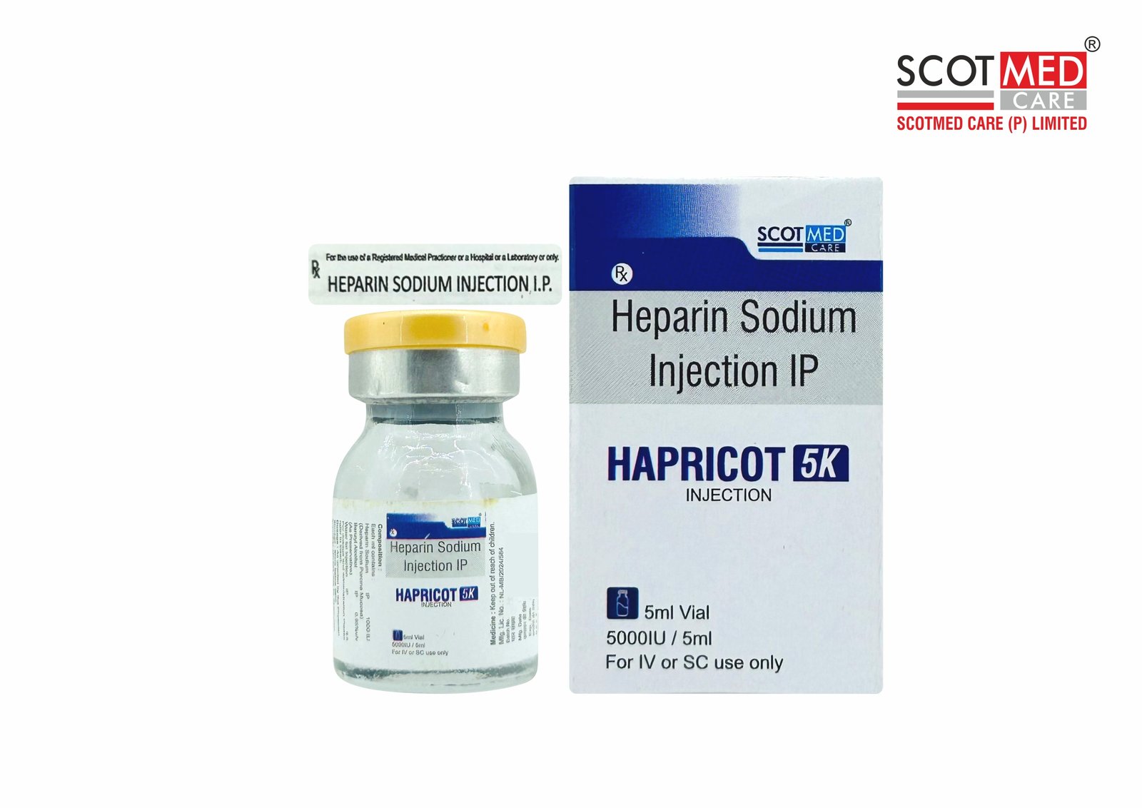Heparin Sodium Injection IP 5000 IU/5 ml (HAPRICOT 5K) vial by Scotmed Care – WHO-GMP Certified Critical Care Injection Manufacturer in India