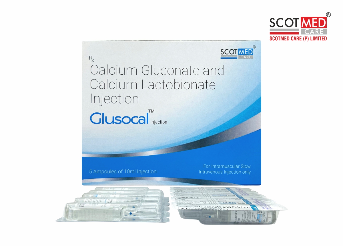 Calcium Gluconate + Calcium Lactobionate Injection manufactured by Scotmedcare for hypocalcemia treatment and calcium deficiency management
