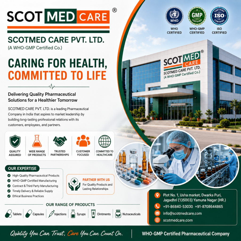 SCOTMED CARE Pvt. Ltd. – WHO-GMP Certified Pharmaceutical Company in India providing high-quality pharmaceutical products, healthcare solutions, contract manufacturing, and trusted medicines.