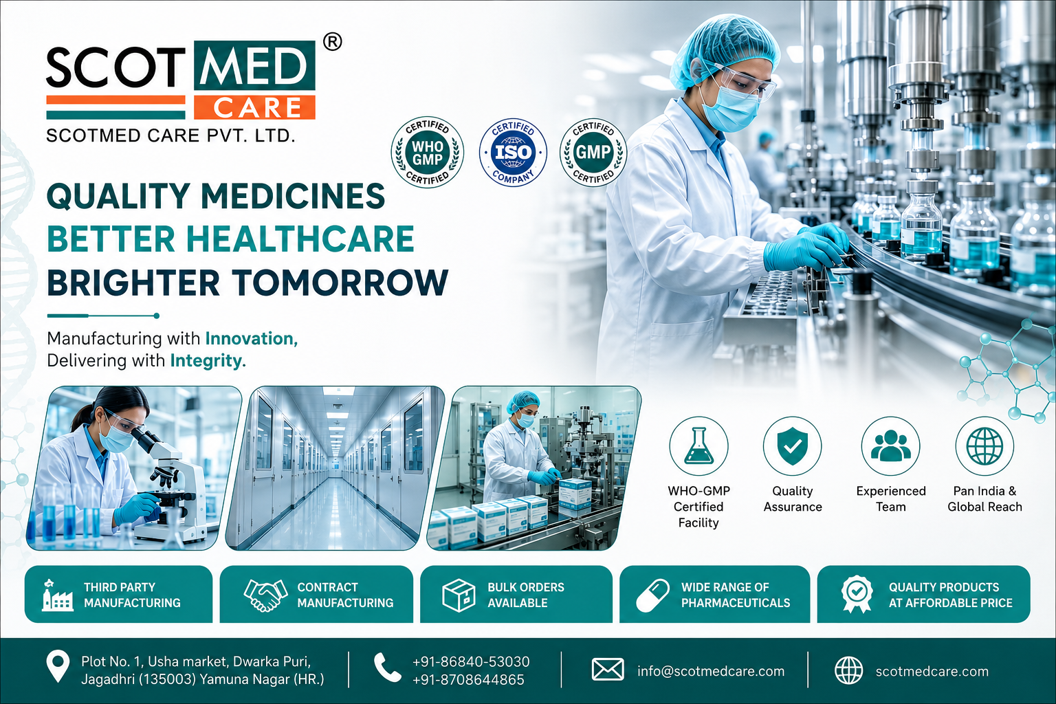 Scotmed Care Pvt. Ltd. pharmaceutical manufacturing facility showcasing WHO-GMP certified medicine production, quality control laboratory, contract manufacturing, bulk pharmaceutical supply, and healthcare innovation in India.