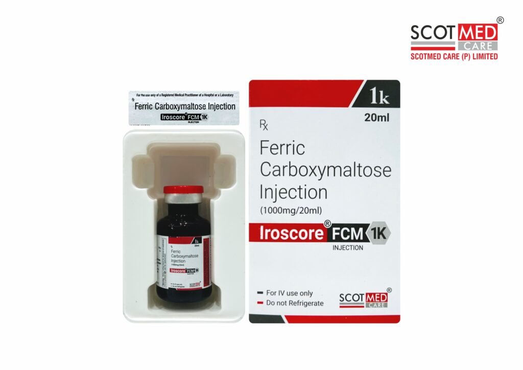 Ferric Carboxymaltose Injection 1000mg/20ml Iroscore FCM 1K vial and box by Scotmed Care for iron deficiency anemia treatment.