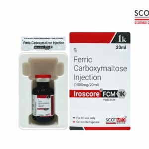 Ferric Carboxymaltose Injection 1000mg/20ml Iroscore FCM 1K vial and box by Scotmed Care for iron deficiency anemia treatment.