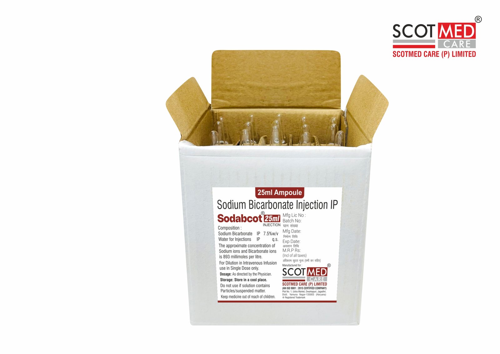 Sodium Bicarbonate Injection IP 7.5% w/v (Sodabcot 25ml) sterile ampoule by Scotmed Care - WHO GMP Certified Critical Care Injection Manufacturer